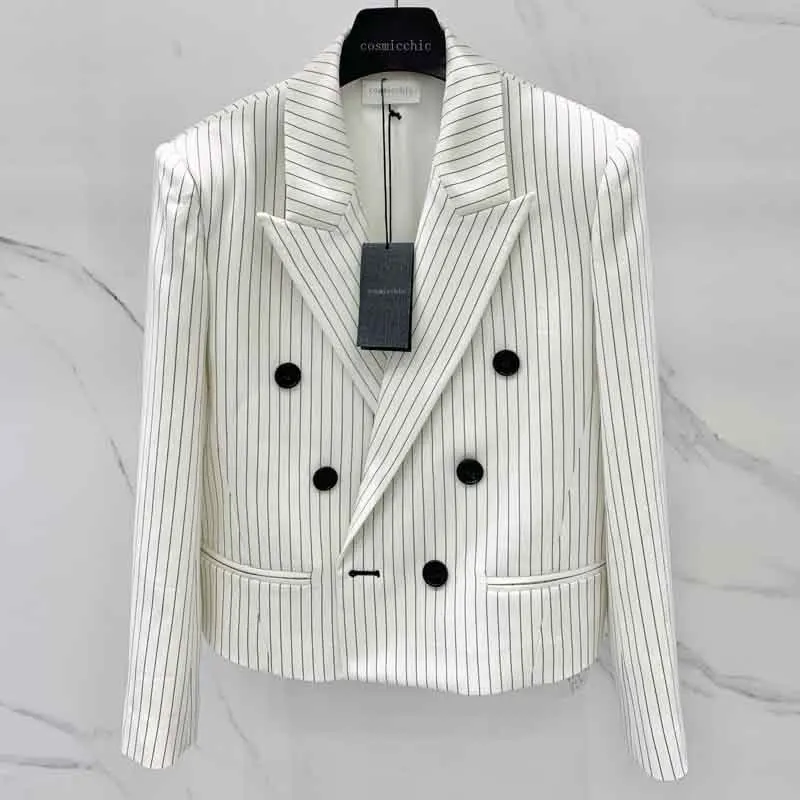 

22 Early Autumn Black And White Striped Double Breasted Short Blazer Office Long Sleeve Jacket Simple Fashion Coat For Women