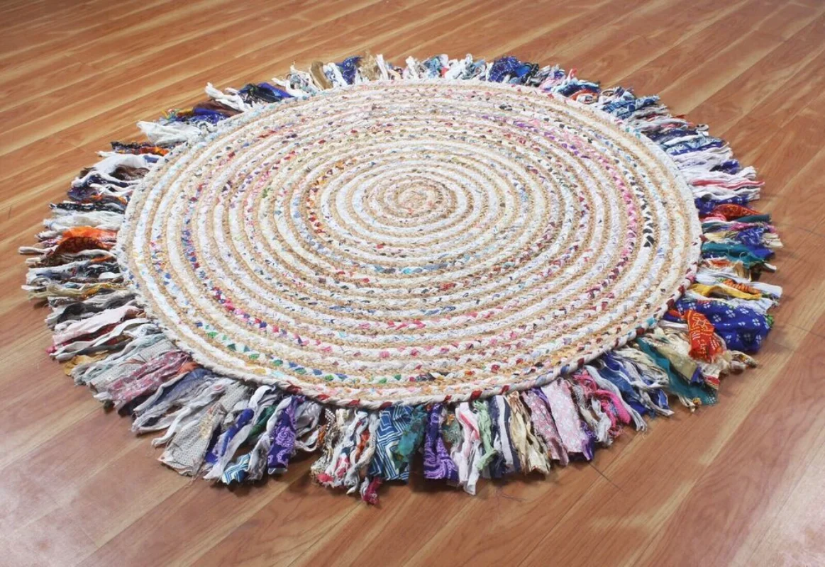 

Jute Rug 100% Natural Cotton Braided Tassel Reversible Carpet Modern Living Room Rug Kawaii Room Decor