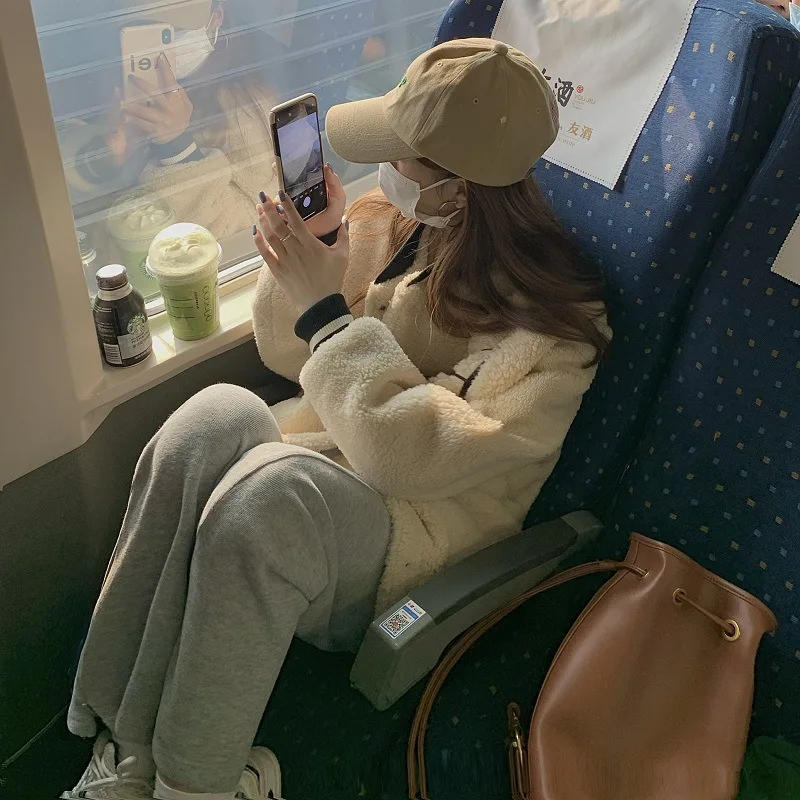 Sweet Girl 2023 New Lamb Wool Quilted Baseball Uniform Jacket Female Autumn and Winter Korean Loose Warm Thick Furry Jacket