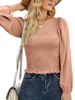 women long sleeve solid pullover square neck chiffon tops