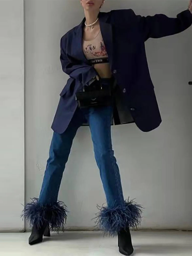 

2022 Spring Fashion Streetwear Elegant Feathers Jeans Women Stylish Y2k Pencil Pants Office Lady Stretch Crop Denim Trousers