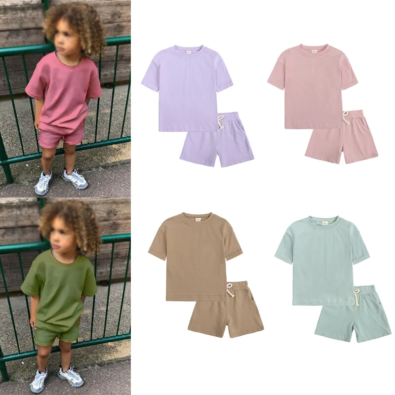 

2Pcs Children's Sets Kids Tracksuits Summer Solid Baby Boy Sport Outfits Clothes Sets T-Shirt Shorts Set for Toddler Girls