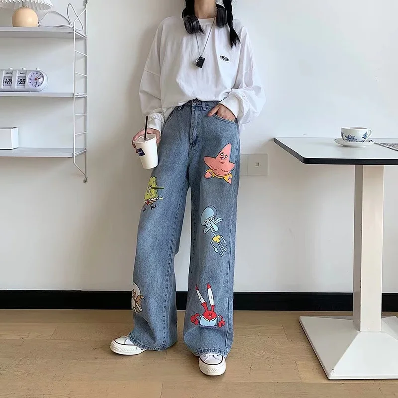 Fashion Men and Women Straight Loose Autumn Korean Style Cartoon Printed Jeans Pants Street Hip-hop Handsome Nine-point Pants