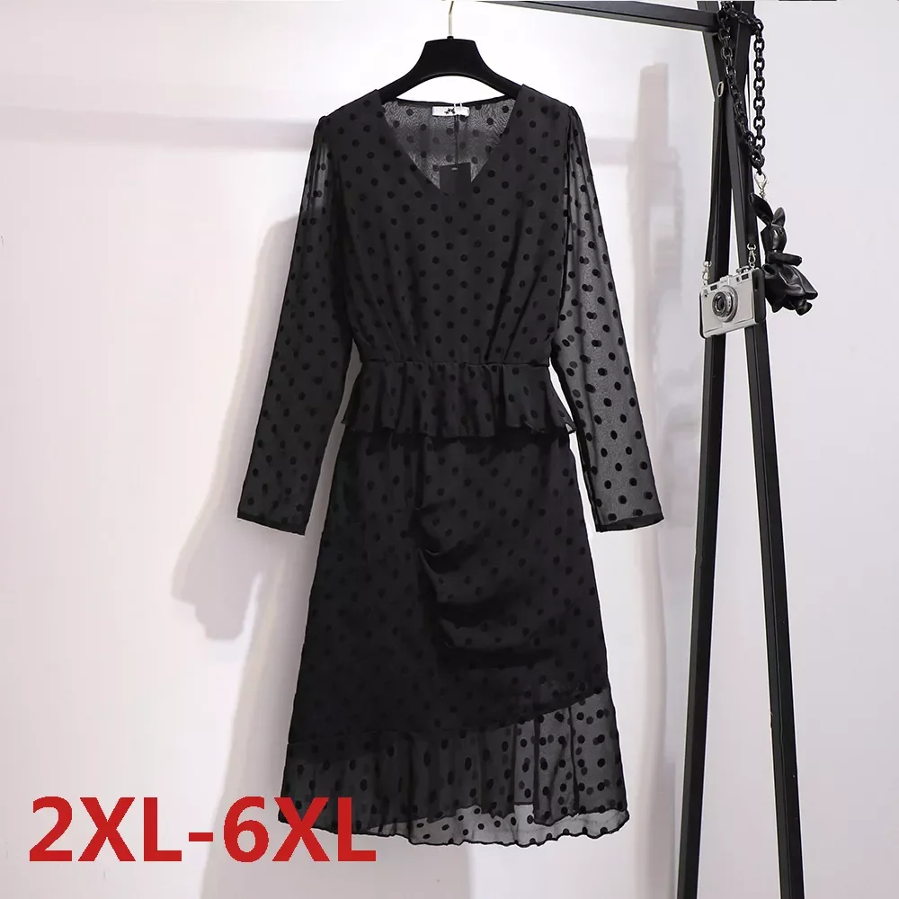

Summer Long Sleeve Solid Poly Dot Long Dress Plus Size Fat MM Women Large Size Clothing Chiffon Pleated Maxi Dresses