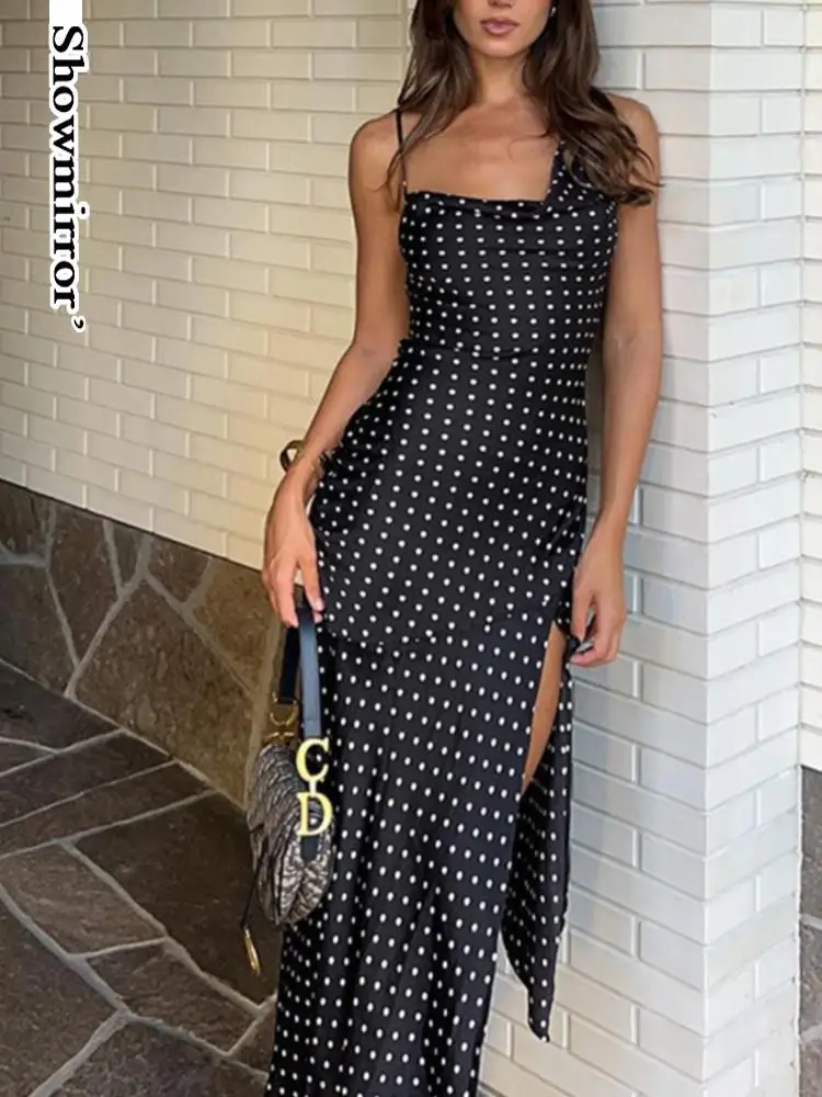 

Elegant Polka Dots Maxi Dresses Summer Split Long Dress For Women Club Party Clothes Outfits Draped Sexy Backless Dresses