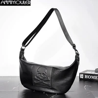 annmouler 2022 new fashion unisex chest bag black skull hobo bag pu leather shoulder bag designer punk crossbody purse