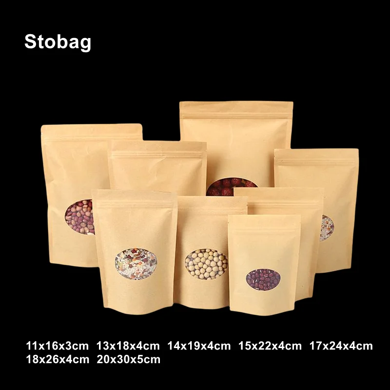 

StoBag 50pcs Kraft Paper Food Packaging Ziplock Bags with Window Stand Up Sealed for Tea Nuts Candy Snack Storage Zip Pouches