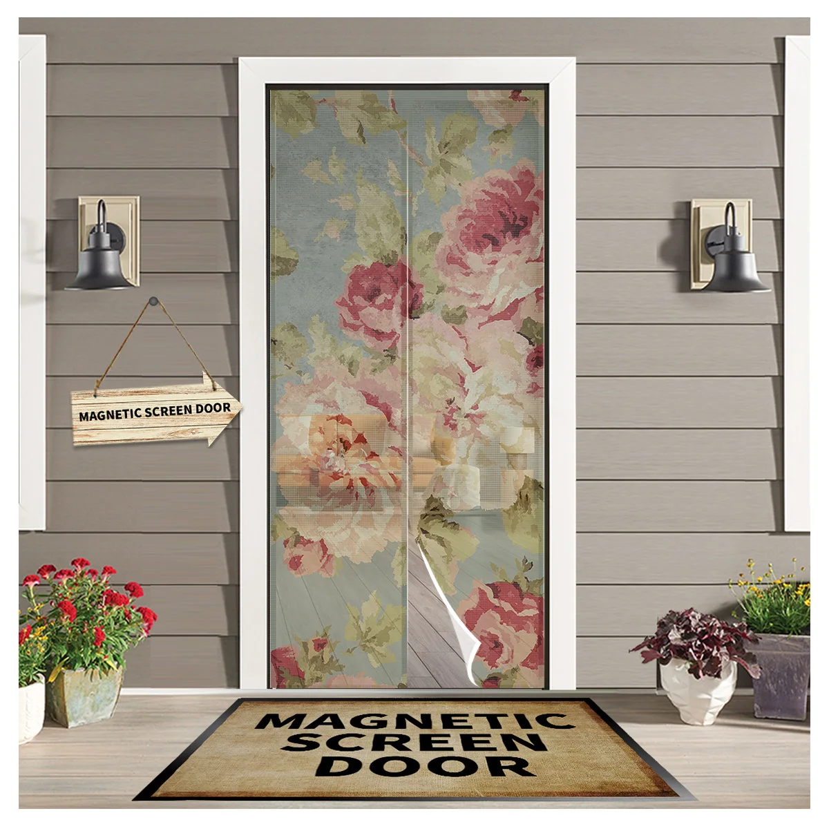 

Peony Flower Vintage Farmhouse Summer Magnetic Anti-mosquito Screen Door Curtains Automatic Closing Kitchen Curtains Home