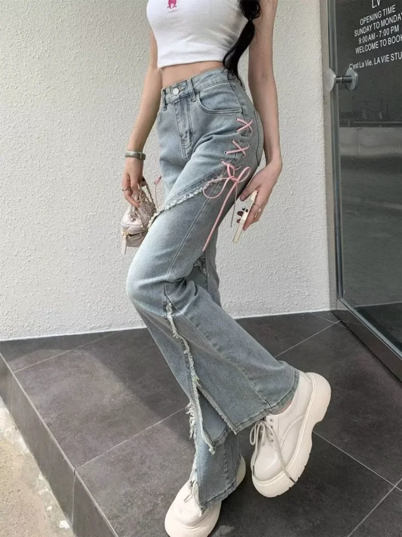 Retro Female Tassel Micro Flared Trousers Frayed Edging Ripped Hole Streetwear Denim Jeans Zipper High Waist Clothes Loose Pants