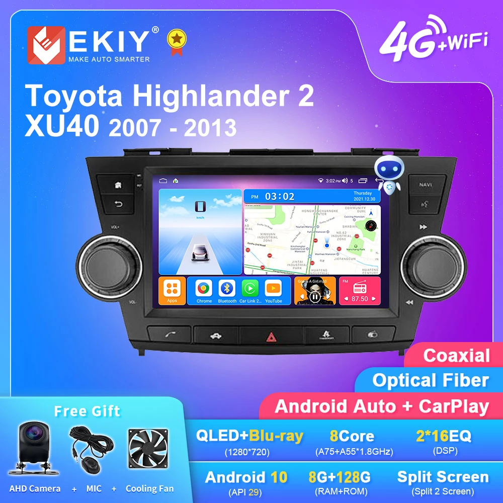 EKIY T7 Android 10,0 Автомагнитола для Toyota Highlander 2 XU40 2007 - 2013 мультимедийный видеоплеер Navi Stereo GPS NO 2Din DVD HU
