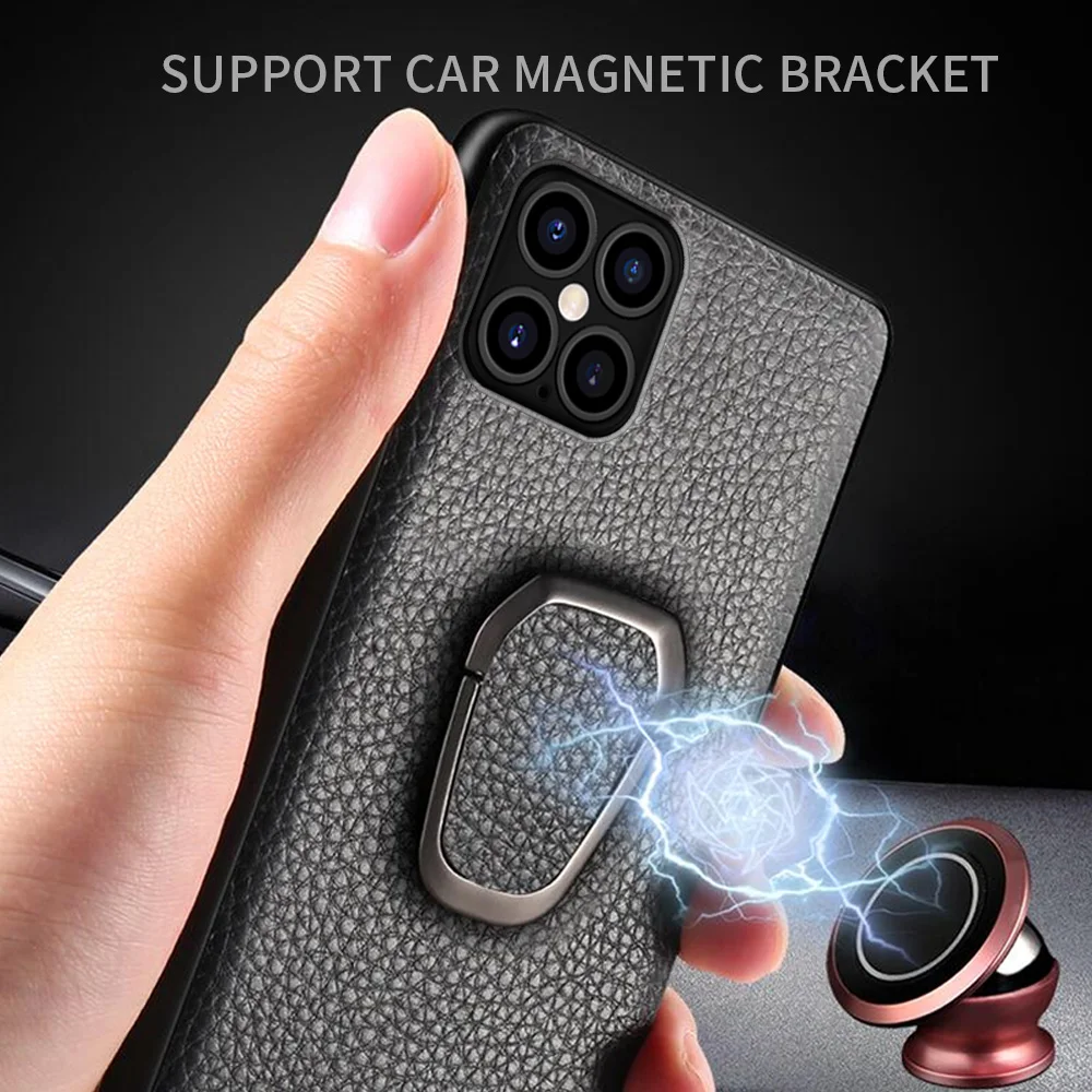 eather Case For Iphone 12 11 Pro Xs Max Magnet Back Cover With Finger Ring For Iphone X Xr 7 8 Plus 12 5.4 6.1 6.7 Inch Fundas
