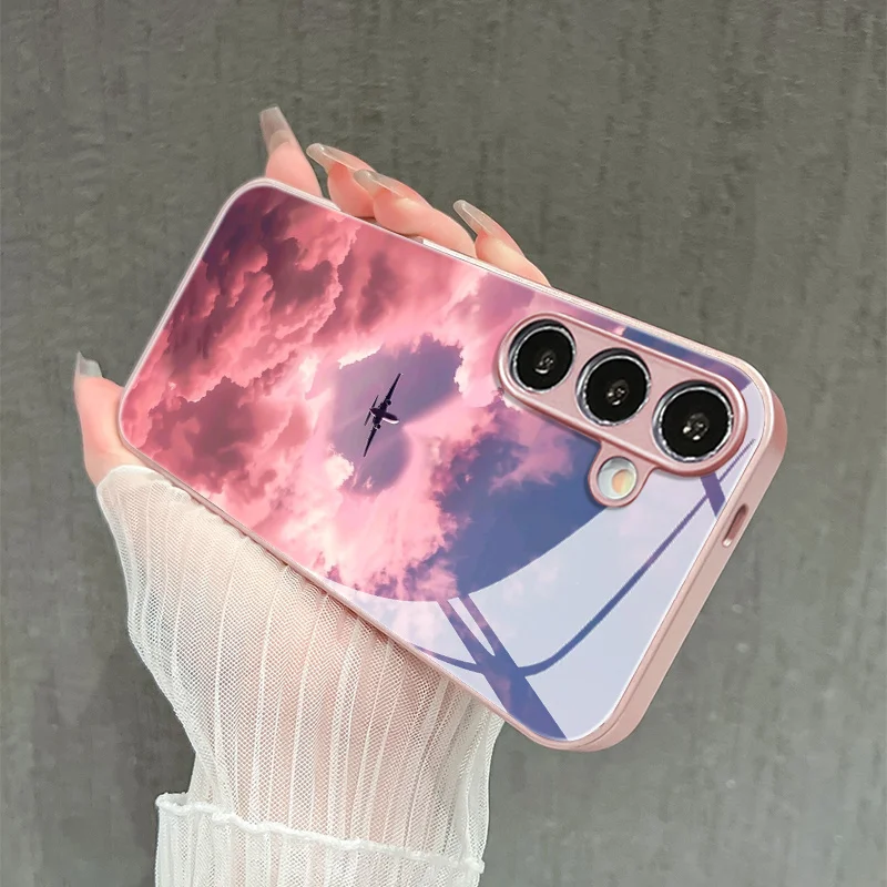 Фото Стеклянный чехол для телефона с рисунком самолета, подходит для Samsung Galaxy S26 S25 S24 S23 S22 S20 FE/Ultra/Plus, противоударный. №3