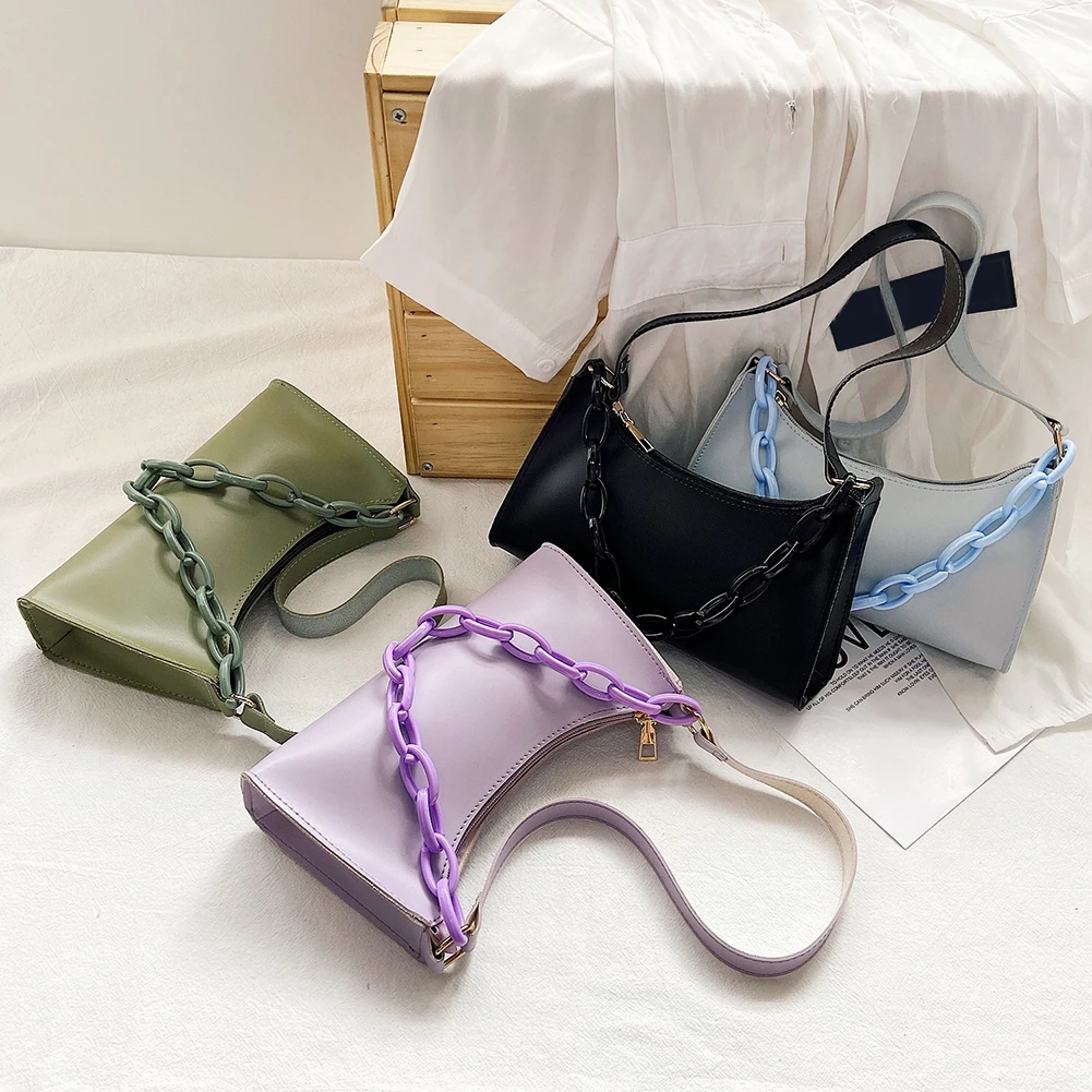 

Acrylic Chain Underarm Shoulder Bag Fashion Solid Color PU Women Handbag Tote Popular Simple Female Daily Bag