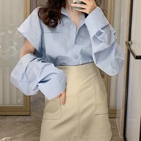 2021 women summer two piece suit long sleeved hole turn down collar blue blouse and solid leather skirt korean style ladies sets