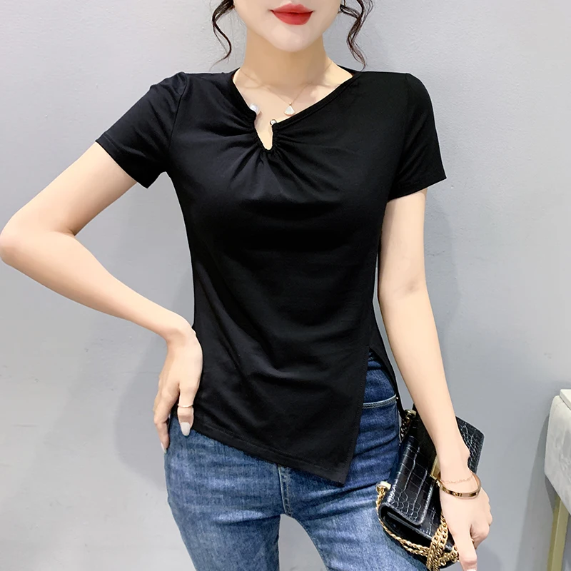 Черная летняя хлопковая футболка в Корейском стиле женские шикарные пикантные