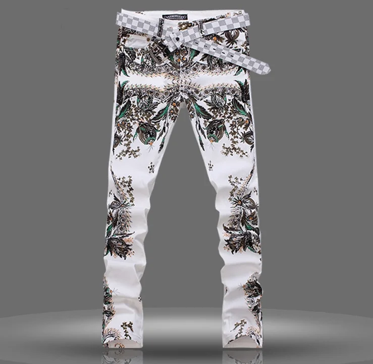 

High Quality Jeans Men's Flower 3D Printed Male Coloured drawing Paiting Pants Fashion White Skinny Stretch Cotton Denim