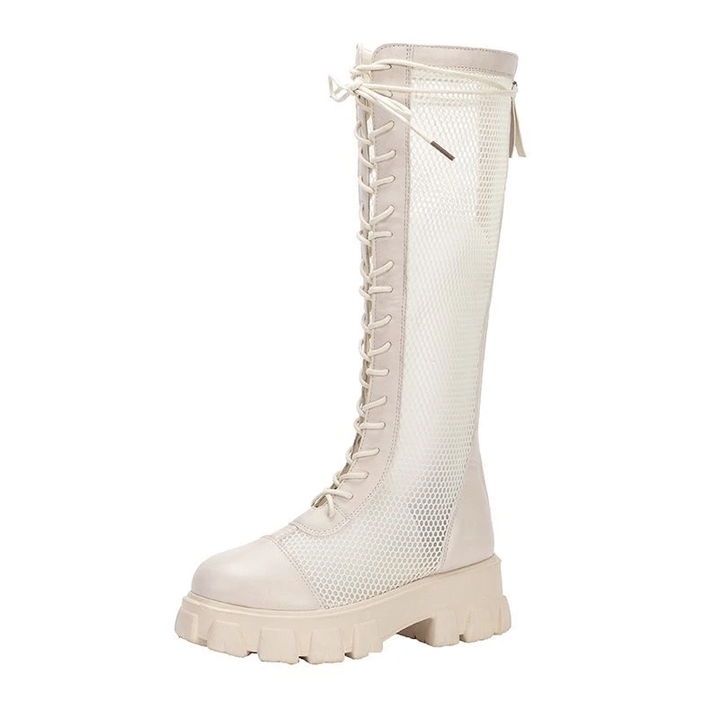 Women Knee High Boots 2023 Summer Fashion Leather Mesh Breathable Runway Shoes Ladies Lace Up Motorcycle Boots Zapatos De Mujer