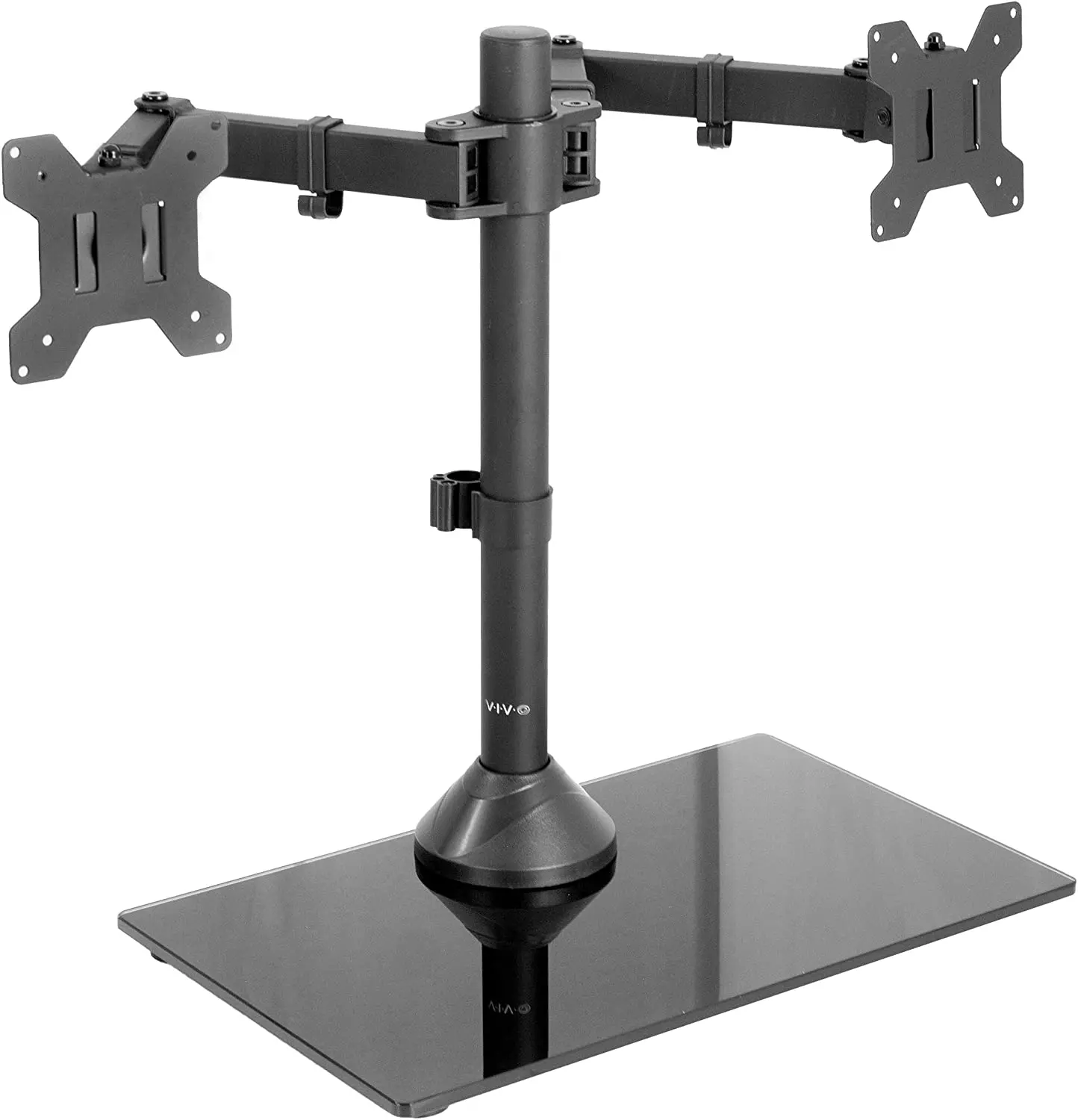 

Freestanding Dual Monitor Stand with Sleek Glass Base and Adjustable Arms, Mounts 2 Screens up to 27 inch and 22 lbs Each, Black