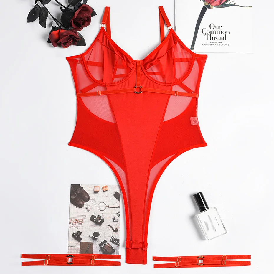 JSY Sexy Bodysuit Lace Lingerie Red Transparent Women's Underwear Hollow Out Teddy Erotic Catsuit Body Lingerie Porno Costumes