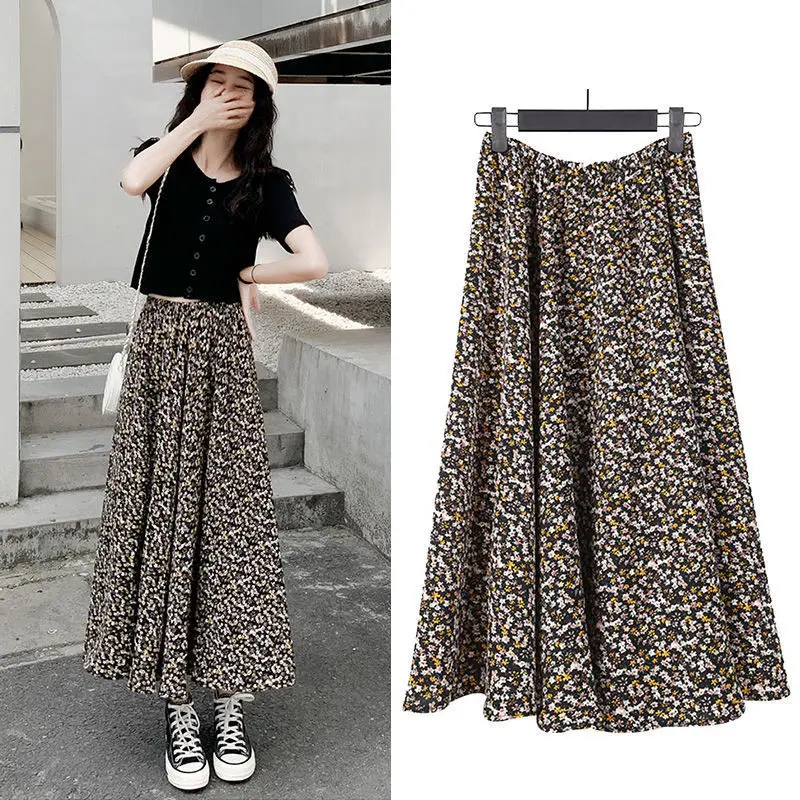 

Summer Korean Vintage Black Floral Print Chiffon Skirt High Waist Elegant Chic Boho A-Line Skirts Long Extended Skirts 2022