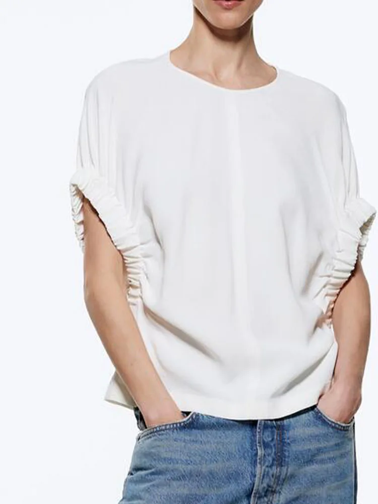 

Zach AiIsa Весенняя новая женская одежда темпераментная простая и универсальная белая Свободная Повседневная рубашка с круглым вырезом и плисс...