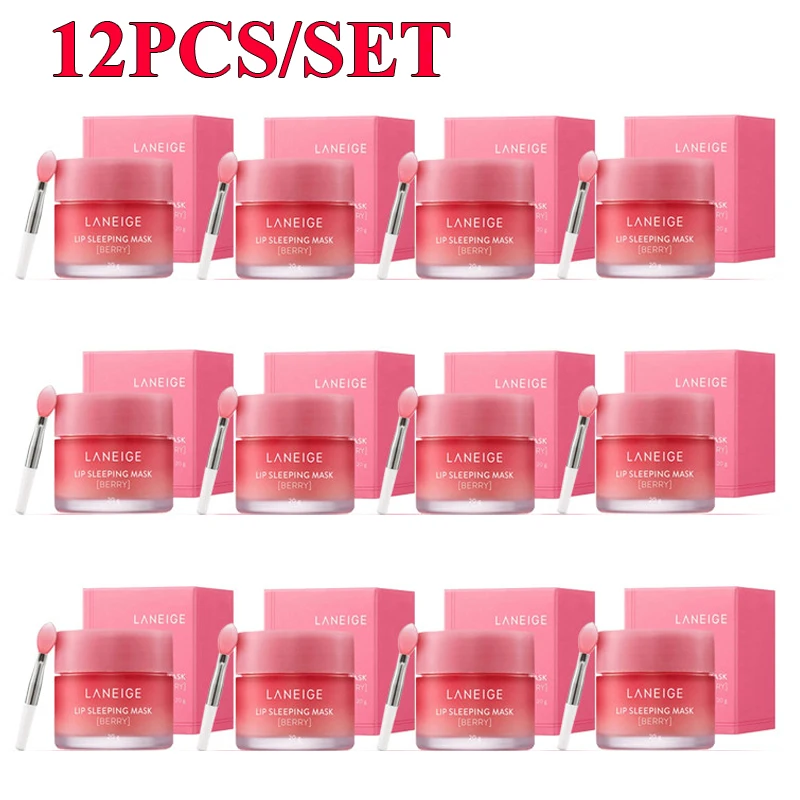 

12PC Lip Sleeping Mask Strawberry 20g With Brush Pink Lips Nourish Protect Removes Flaky Skin and Exfoliator Moisturizes Dry Lip