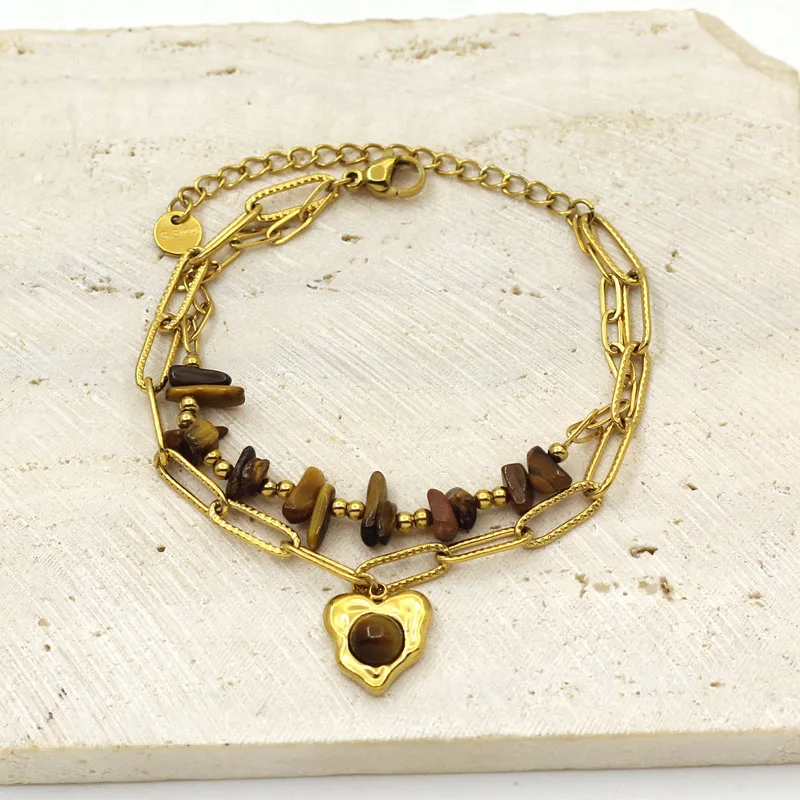 Позолоченный браслет из нержавеющей стали с тигровым камнем для женщин