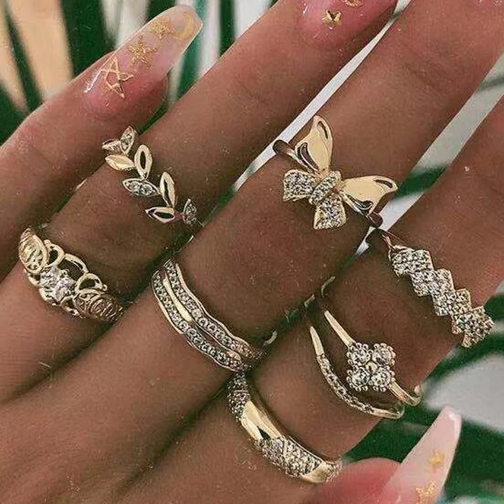 

New 2022 Fresh Bow Leaf Set With Diamond 7-piece Joint Ring Geometric Flower Ring