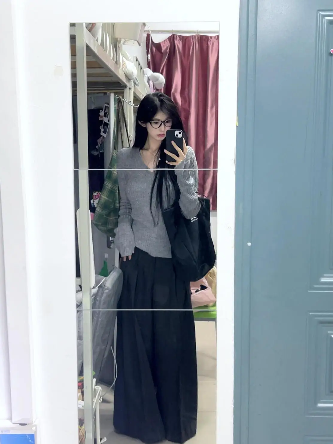 Gyaru серая вязаная женская рубашка с v-образным вырезом и длинными рукавами