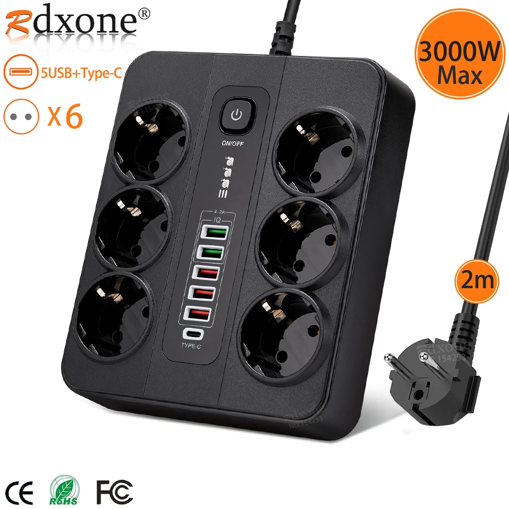 

EU Power Strip European Plug Strip 3000W Extension Socket Overload Protection Multi Plug USB Charger USB C Charger With Switch