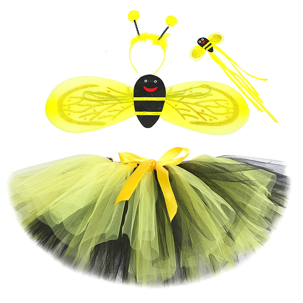 

Honeybee Tutu Skirt Outfit for Baby Girls Birthday Halloween Costumes with Wings Kids Toddler Yellow Black Bee Tulle Skirts Set