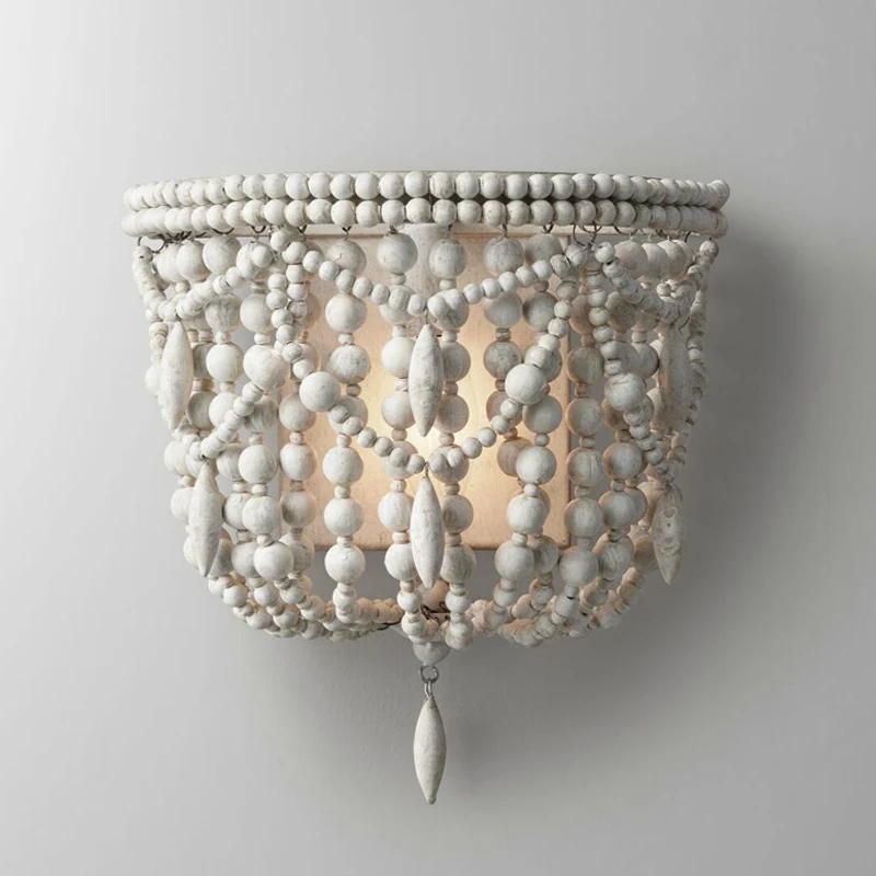 

Pastoral Living Room Bedroom Bedside Wall Light American Wood Bead Antique Wall Lamps Children's Room Porch Exit Light Fixtures