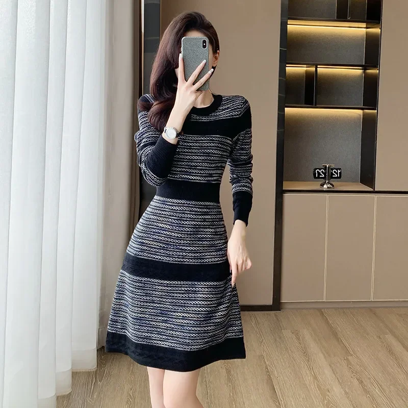 

Женское трикотажное платье-свитер, элегантное ТРАПЕЦИЕВИДНОЕ ПЛАТЬЕ во французском стиле с высокой талией на осень и зиму, 2023