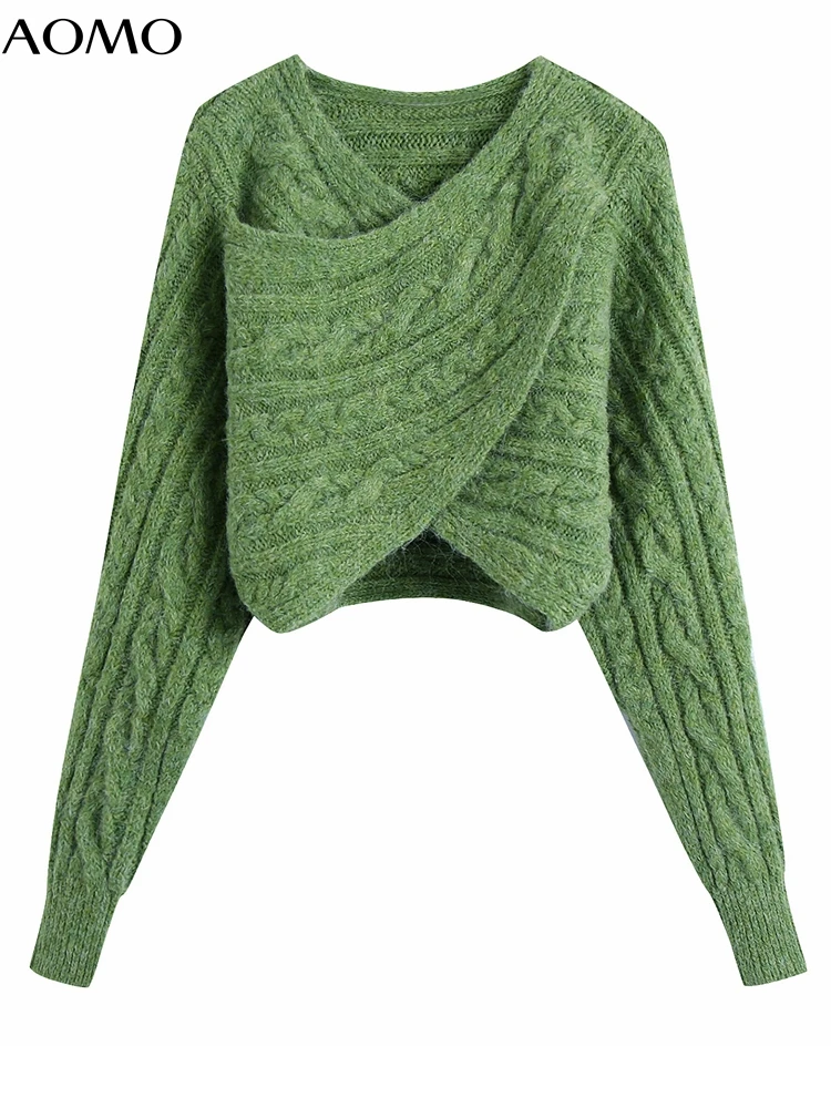 

AOMO Women 2022 Fashion Green Cross Twist Crop Knitted Sweater Jumper Female Pullovers Chic Tops BE125A