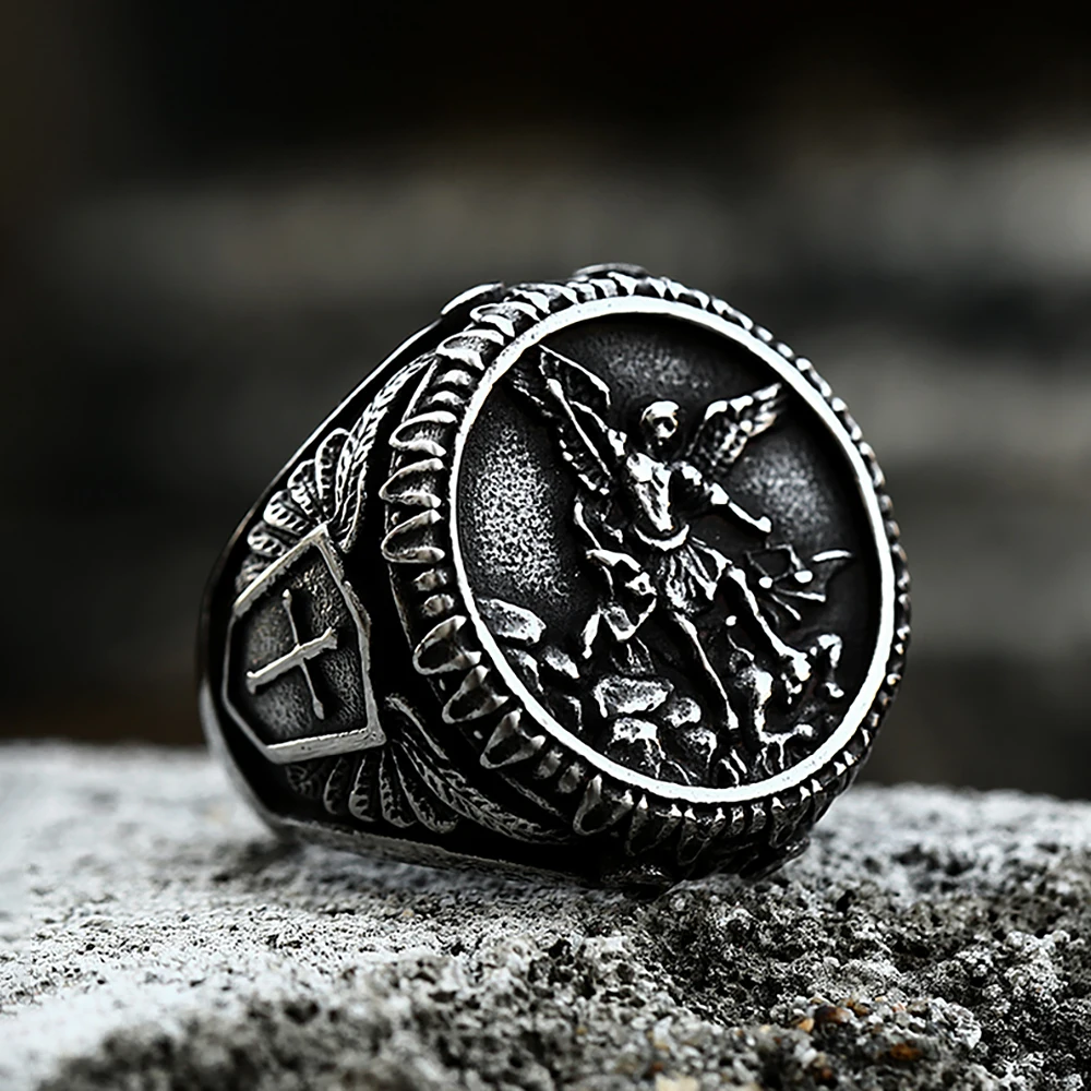 

Vintage 316L Stainless Steel St Michael Ring For Men Punk Fashion Cross Rings Renaissance Amulet Jewelry Jewelry Gifts Wholesale