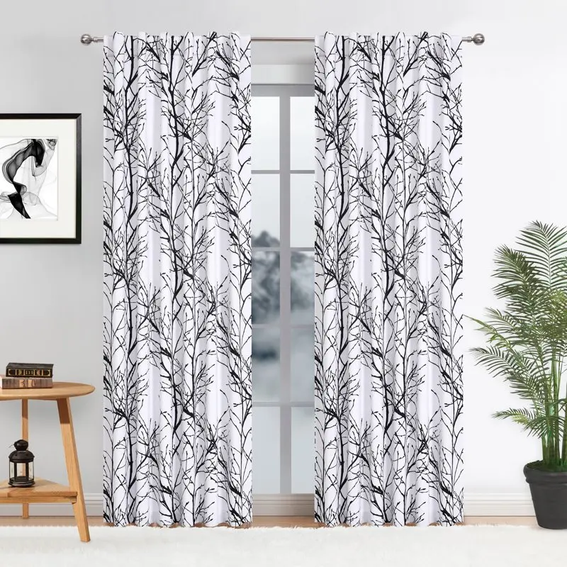 

Black-White Blackout Curtains Tree Branch Print Thermal Insulated Curtains for Living Room 52"W X 84"L, Back Tab,2 panels