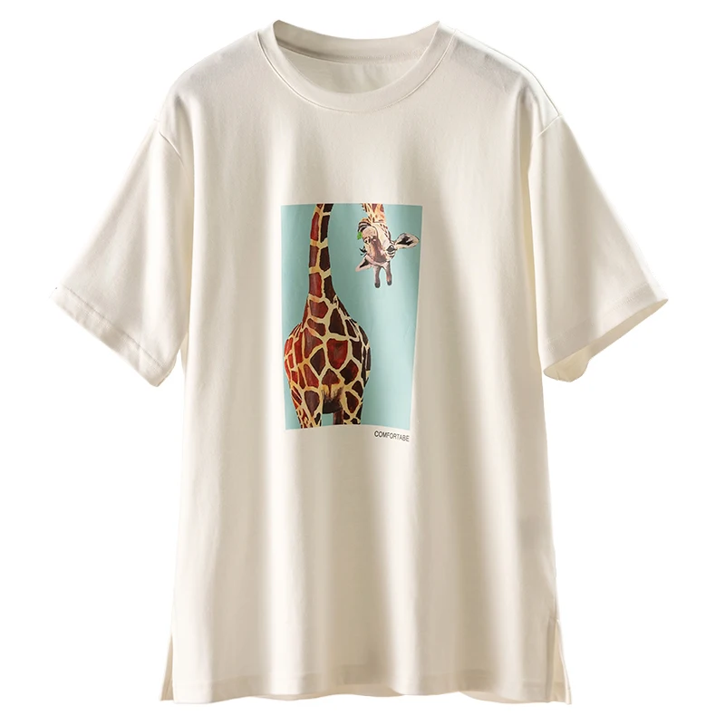 

89% COTTON Giraffe Print Shirts for Women Casual Tops Tees Summer 2023 Short Sleeve Korean Vintage Women T Shirt