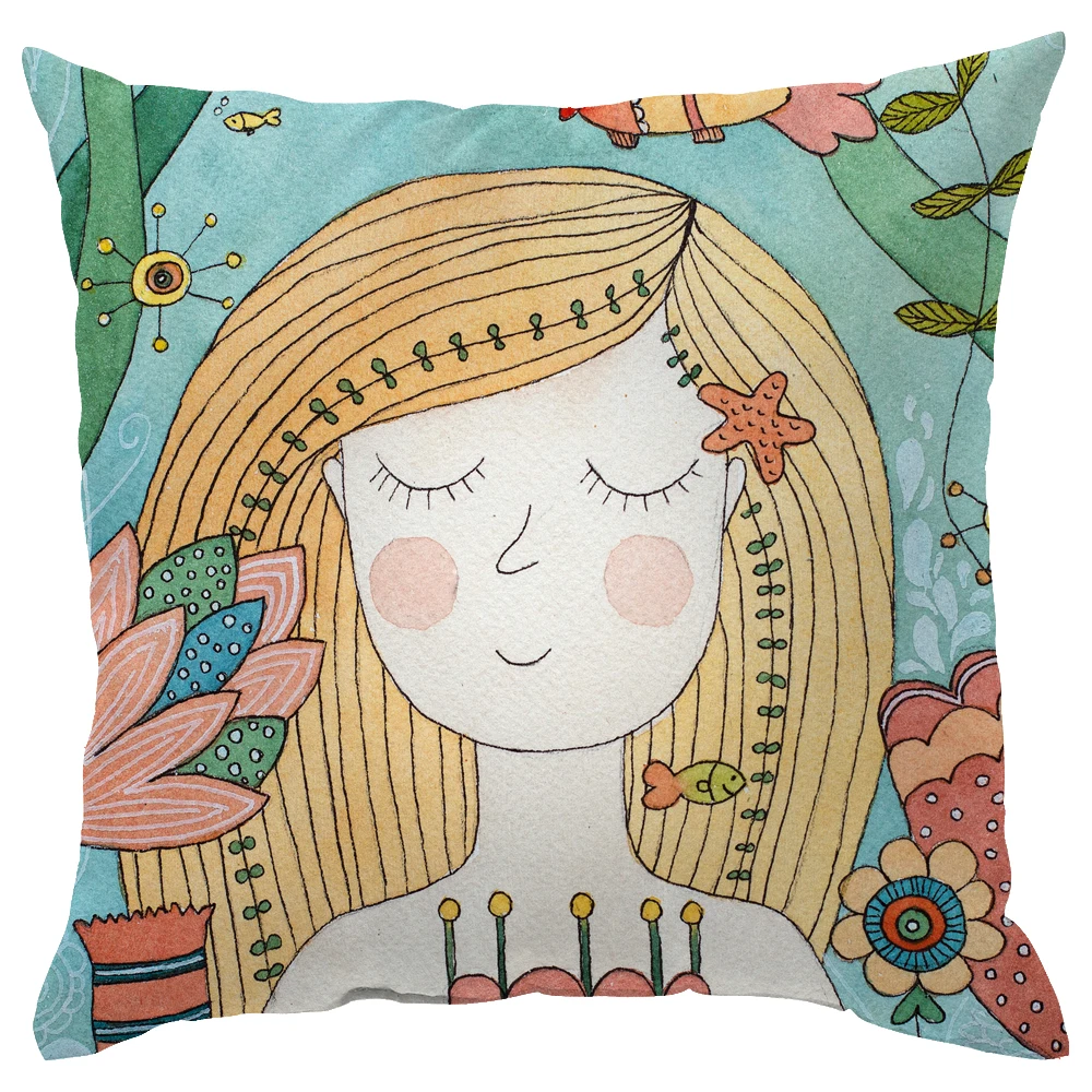 

Nordic style little girl illustration pillowcase short plush throw pillow cover for sofa car seat home decor cushion covers45x45