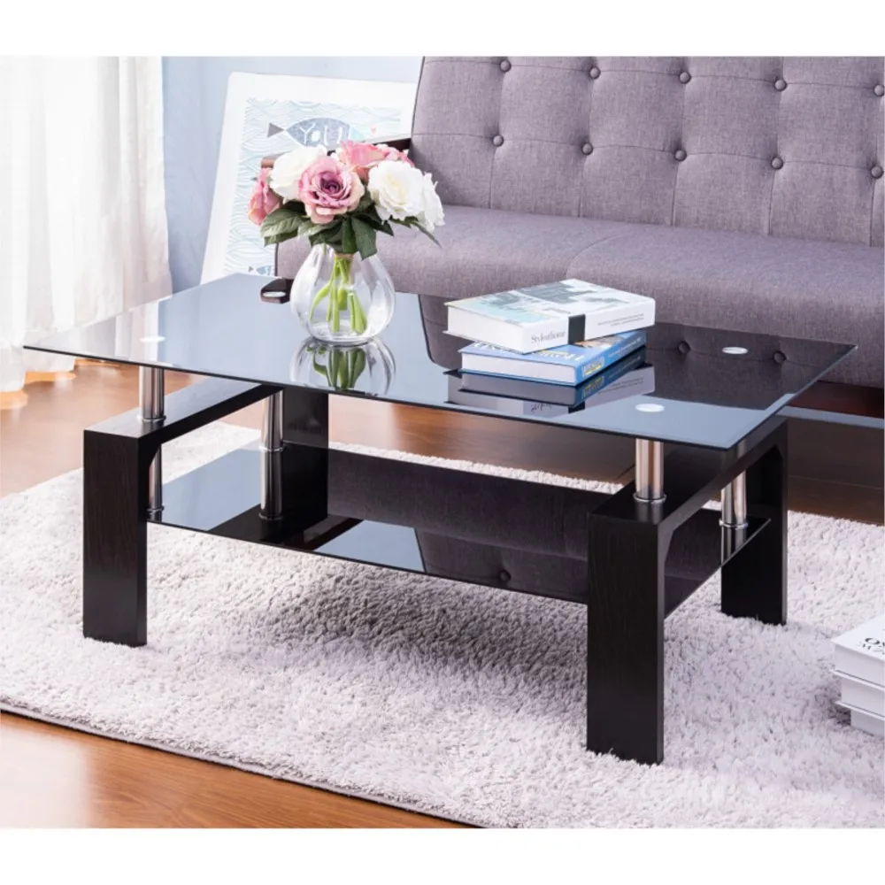 

With Lower Shelf Sturdy Wooden Leg Black Glass Coffee Table Rectangle Coffee Table For Living Room Modern Side Coffee Table