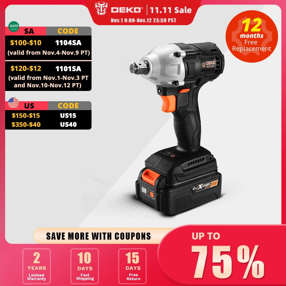 

DEKO GBW20DU2 4000mAh 20-Volt Max Brushless Electric Impact Wrench Lithium-Ion Battery 2000rpm 310Nm Torque