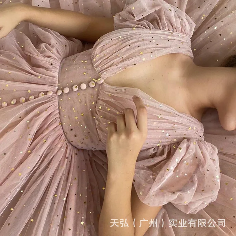 

Pink Ladies Solid Color Mesh Ball Celebrity Dress For Puff Sleeves Mesh Straps Smocked Swing Puff Skirt Star Sequin A-Line Skirt