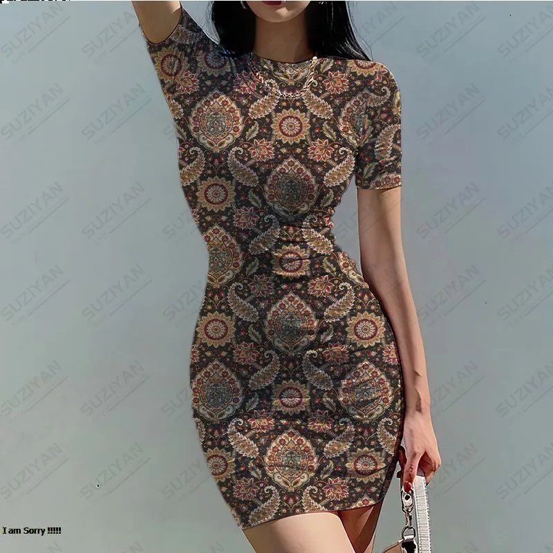 

2023 Summer Fashion New Tight Flower Dress Women's 3D Printing Retro Women's Sexy Round Neck Short Sleeve Wrap Hip Casual Dress