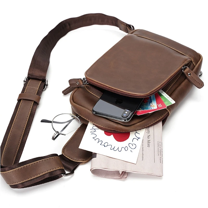 New Crazy Horse Leather Chest Bag Casual Korean One Shoulder Men's Backpack Crossbody Bag Large Capacity Soft Leather Bag