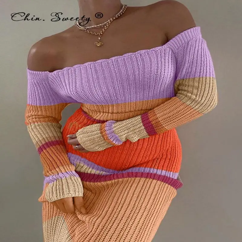 

Y2K женское платье с открытыми плечами 2022 летние вязаные цветные полосатые женские платья с длинным рукавом элегантные сексуальные пляжные ...