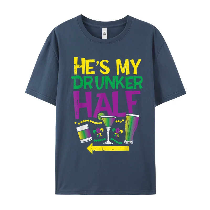 Retro Male Tops Tees Hes My Drunker Half Matching Letter T Shirt All Cotton Short Sleeve Leisure T-Shirt Round Neck