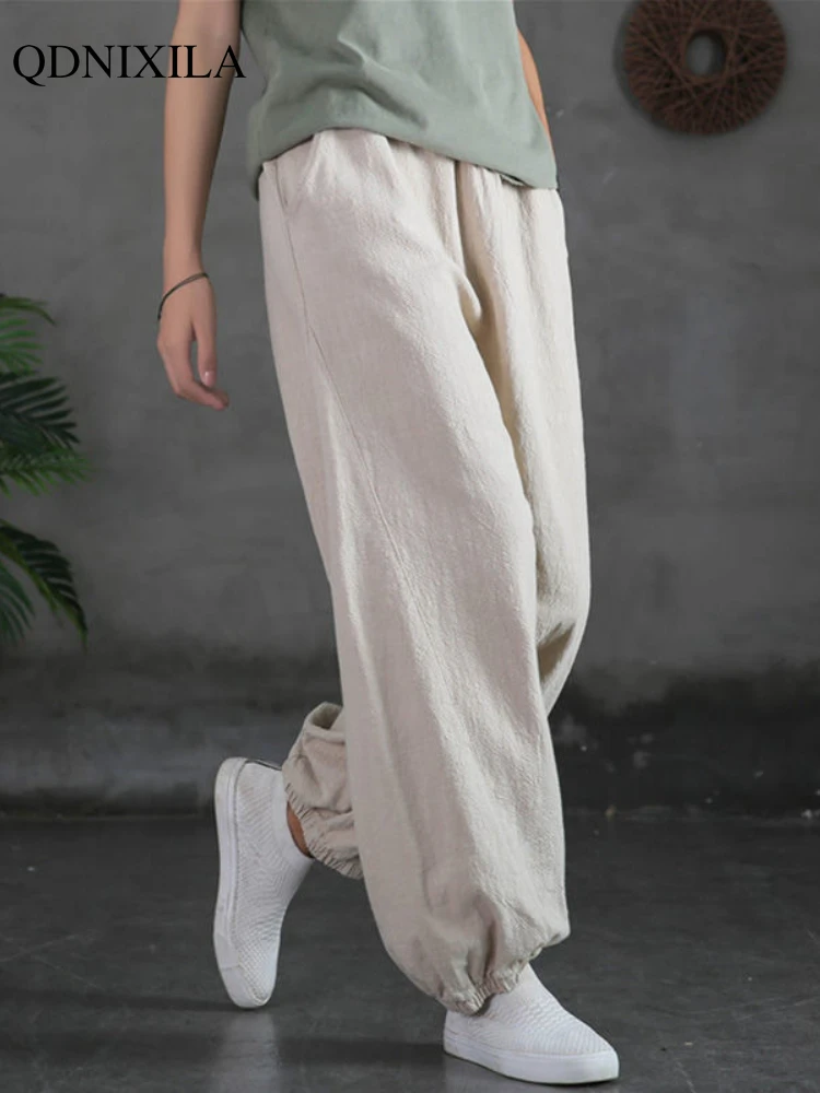 2022 Spring Summer Vintage Cotton Linen Women's Pants Bloomers Pants Oversize Loose Baggy Solid Color Casual High Waist Pants