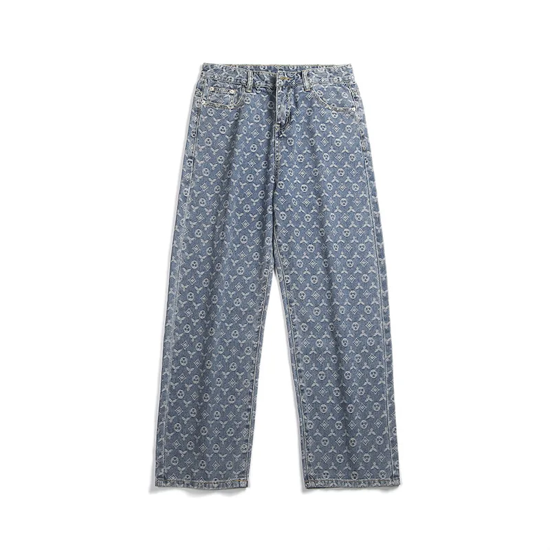 Cashew Man Jacquard Print Jeans Vintage Korea Wide Leg Pants 2021 Men Spring Autumn Fashion Mid Waist Straight Jean Streetwear