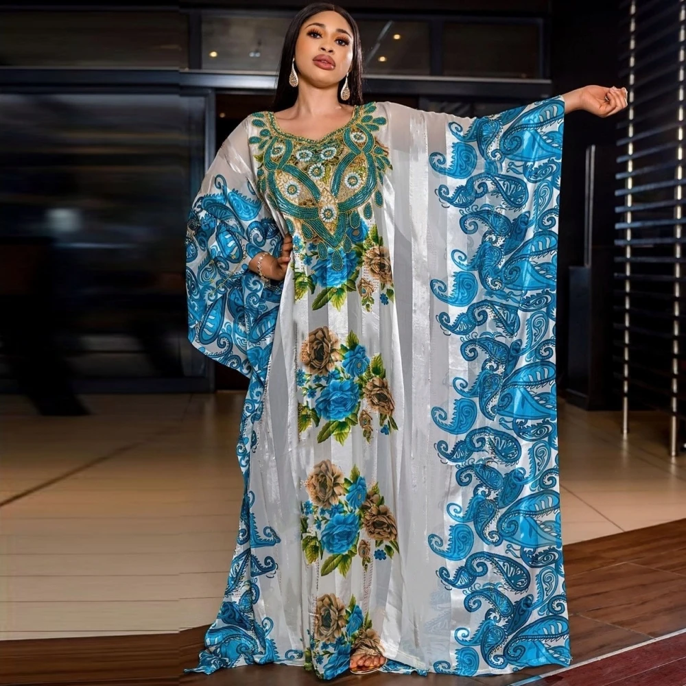 Plus Size African Party Dresses Women Chiffon Boubou Dashiki Ankara Sequin Outfits Gown Dubai Kaftan Abaya Robe Marocaine Femme