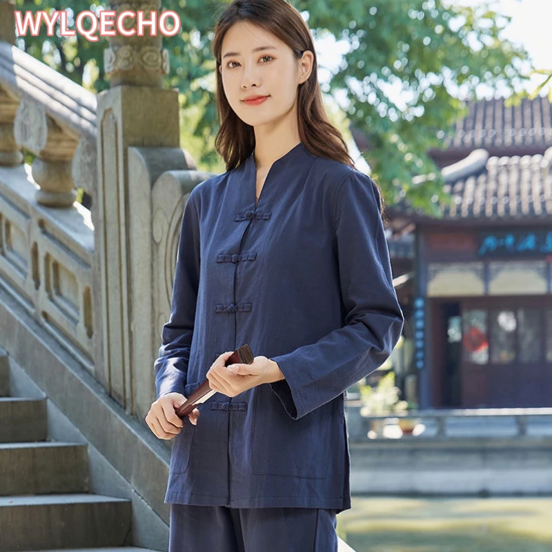 Женский китайский традиционный костюм Тан 2023 льняной кардиган дзен-чай ханьфу