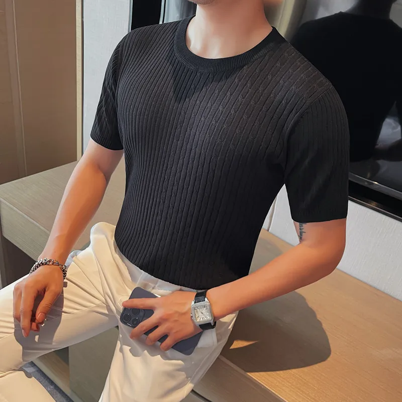 

2023 New Style High Quality for Men Twist Short Seeve Knit Sweaters/Male Slim Fit Fahion O-Neck Set Head Knit Sweaters Homme